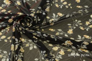 Ткань для халатов Шифон «Розы» цвет черный